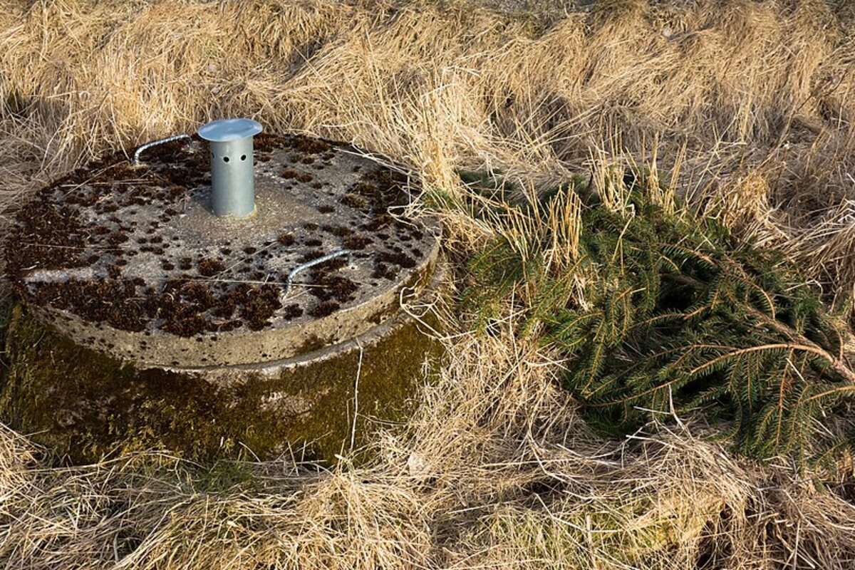 Rural septic tank lid and riser access point in a field